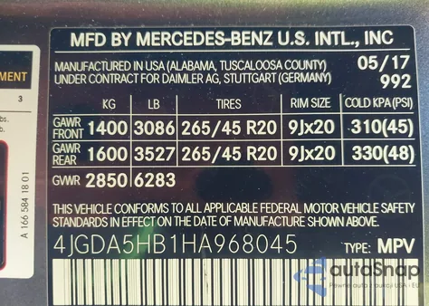 2017 Mercedes-Benz Gle 350 4Matic z USA, uszkodzony, nr VIN 4JGDA5HB1HA968045